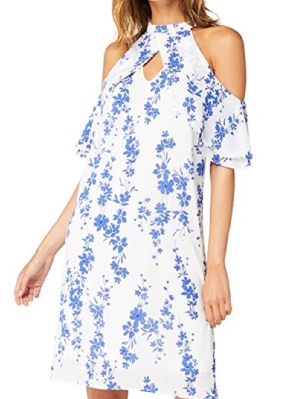 Truth & Fable White Blue Floral Cold Shoulder Keyhole Dress | Size M
